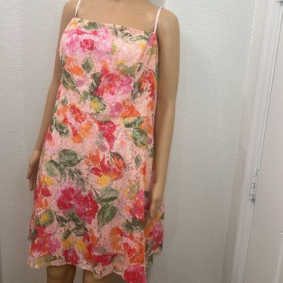 DB Studio Floral Lace Midi Length Flower Dress Spaghetti Strap Sleeve Pink Red - Picture 2 of 10